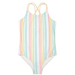NWT Hurley Girls One Piece Swimsuit Multicolor Stripe Rainbow Strappy - Size 12